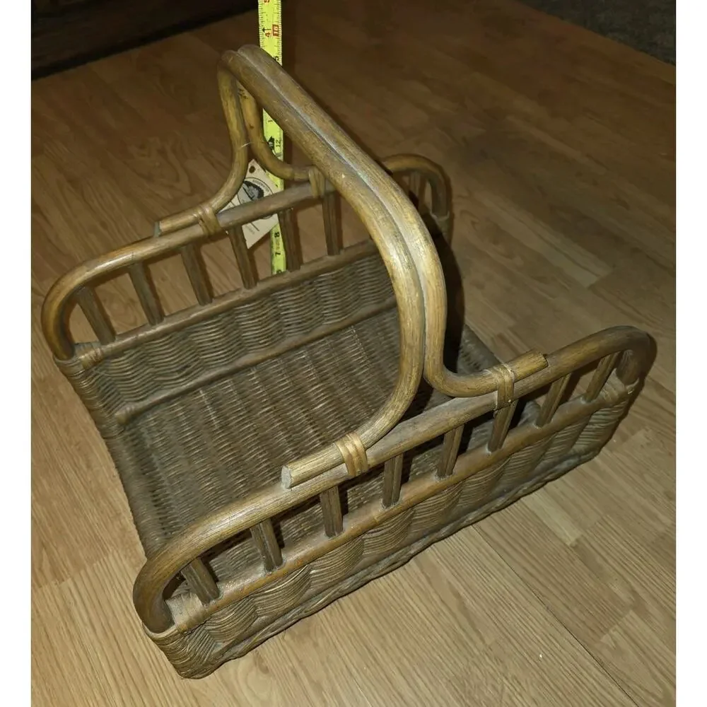 Vtg 1960s Rattan Wicker Bamboo Magazine Stand Rack Towel Holder Edgewater Lodge